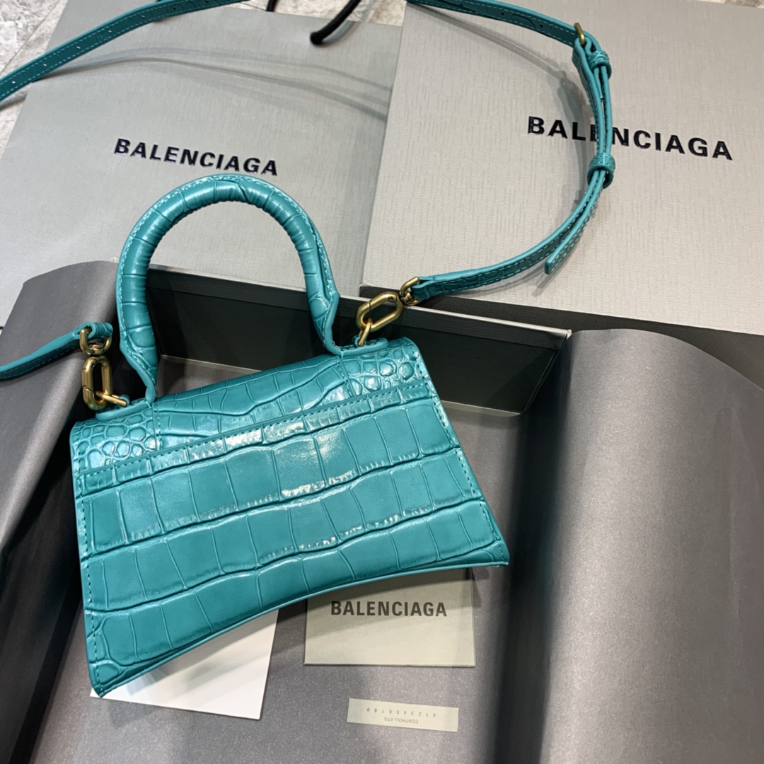 Balenciaga Hourglass XS Handbag Crocodile Embossed Shoulder Bag Green Blue